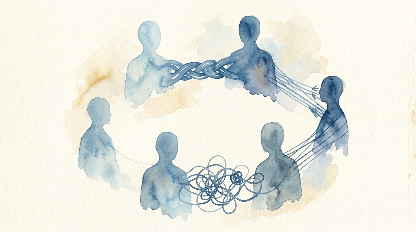 Watercolor-Illustration von vier Menschen mit unterschiedlichen emotionalen Verbindungsmustern