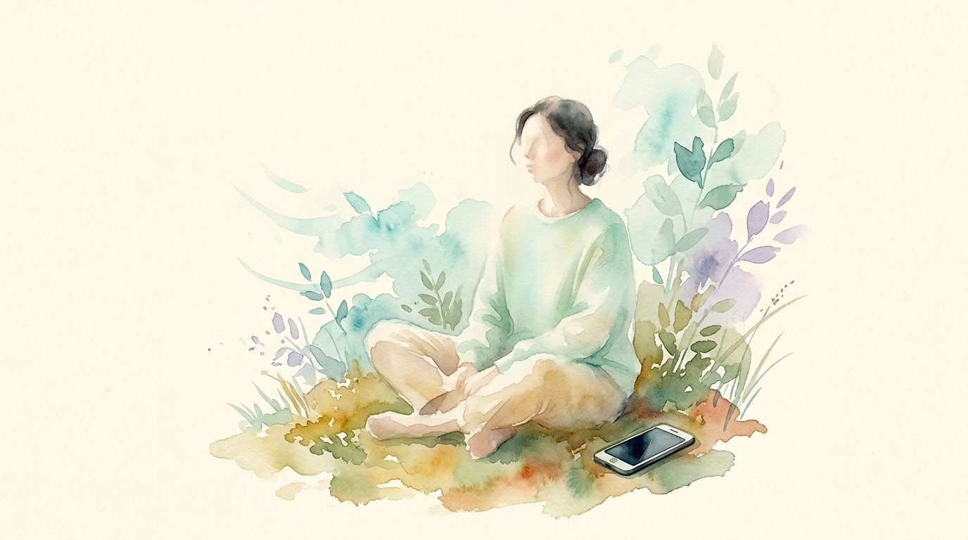 Hand schwebt über Smartphone unter Glasglocke — Dopamin Detox Illustration