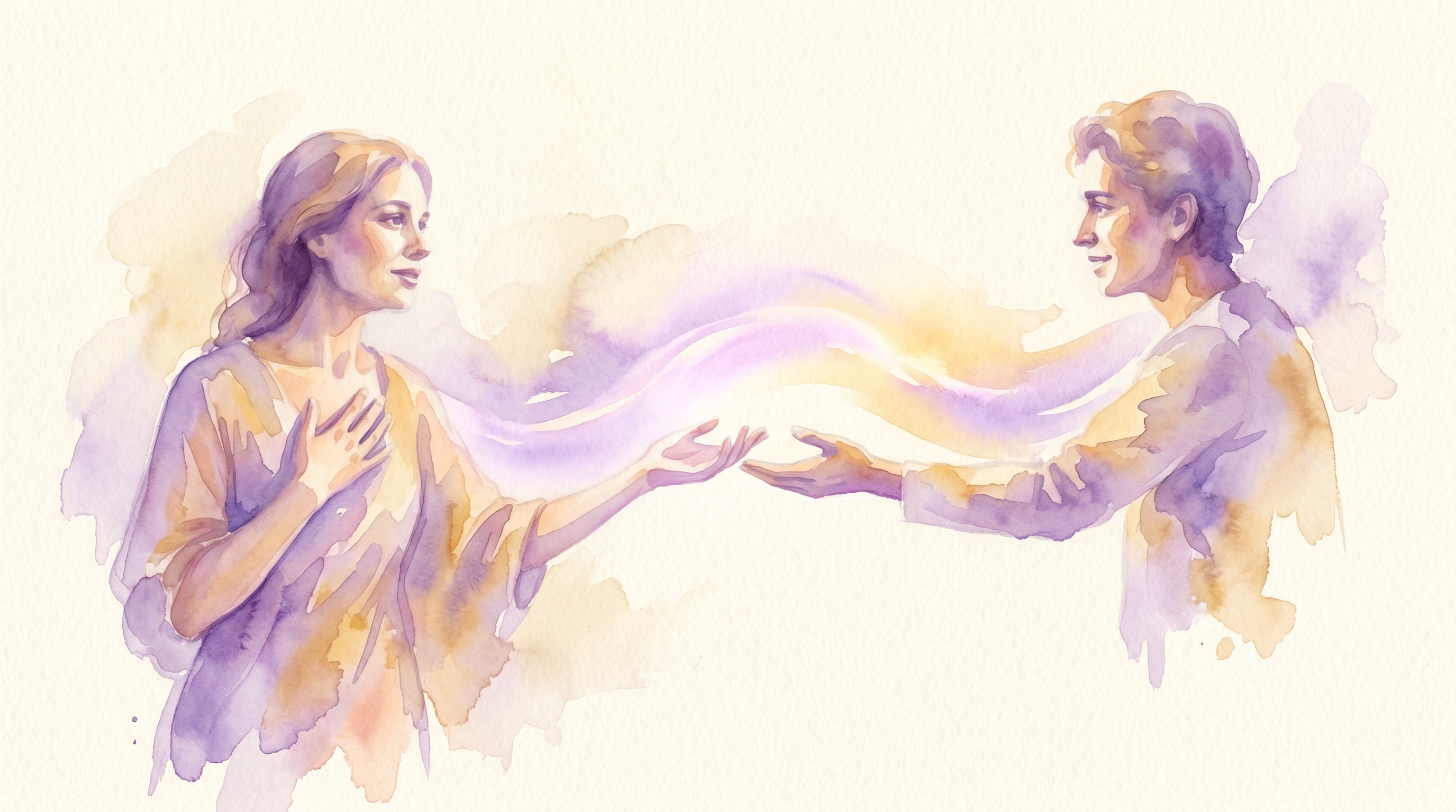 Watercolor-Illustration einer nachdenklichen Person mit leuchtenden Emotionssymbolen
