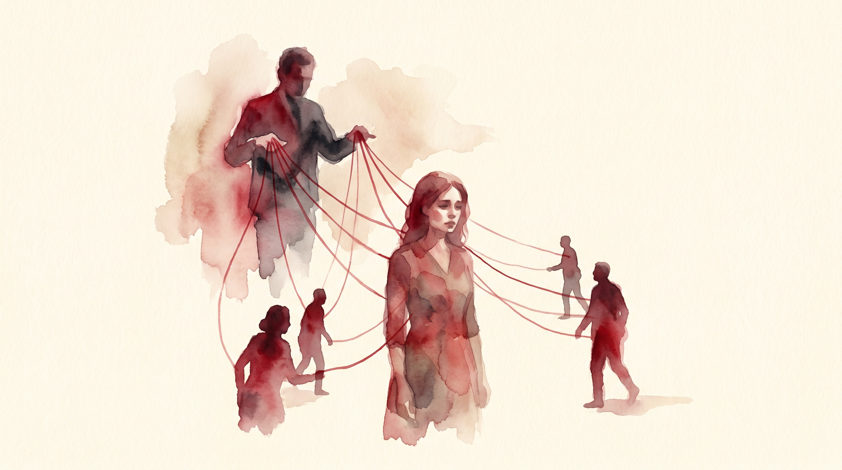 Watercolor-Illustration einer Person umgeben von manipulativen Boten