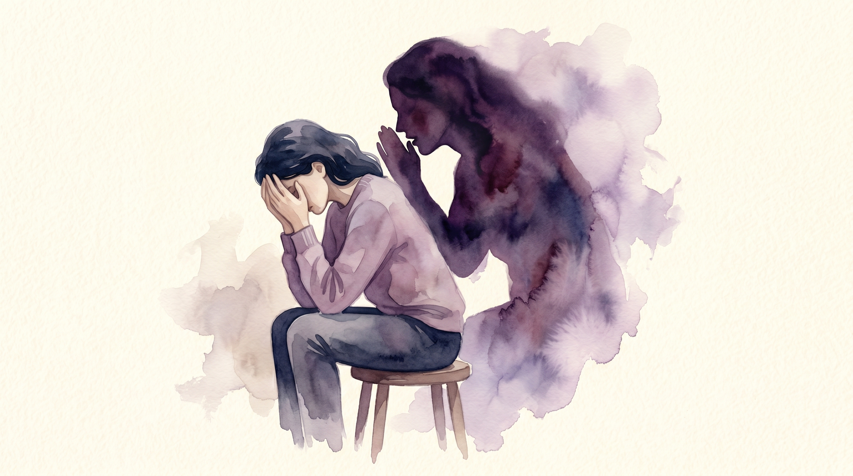 Watercolor-Illustration einer Person mit dunkler Schattengestalt die auf sie einredet