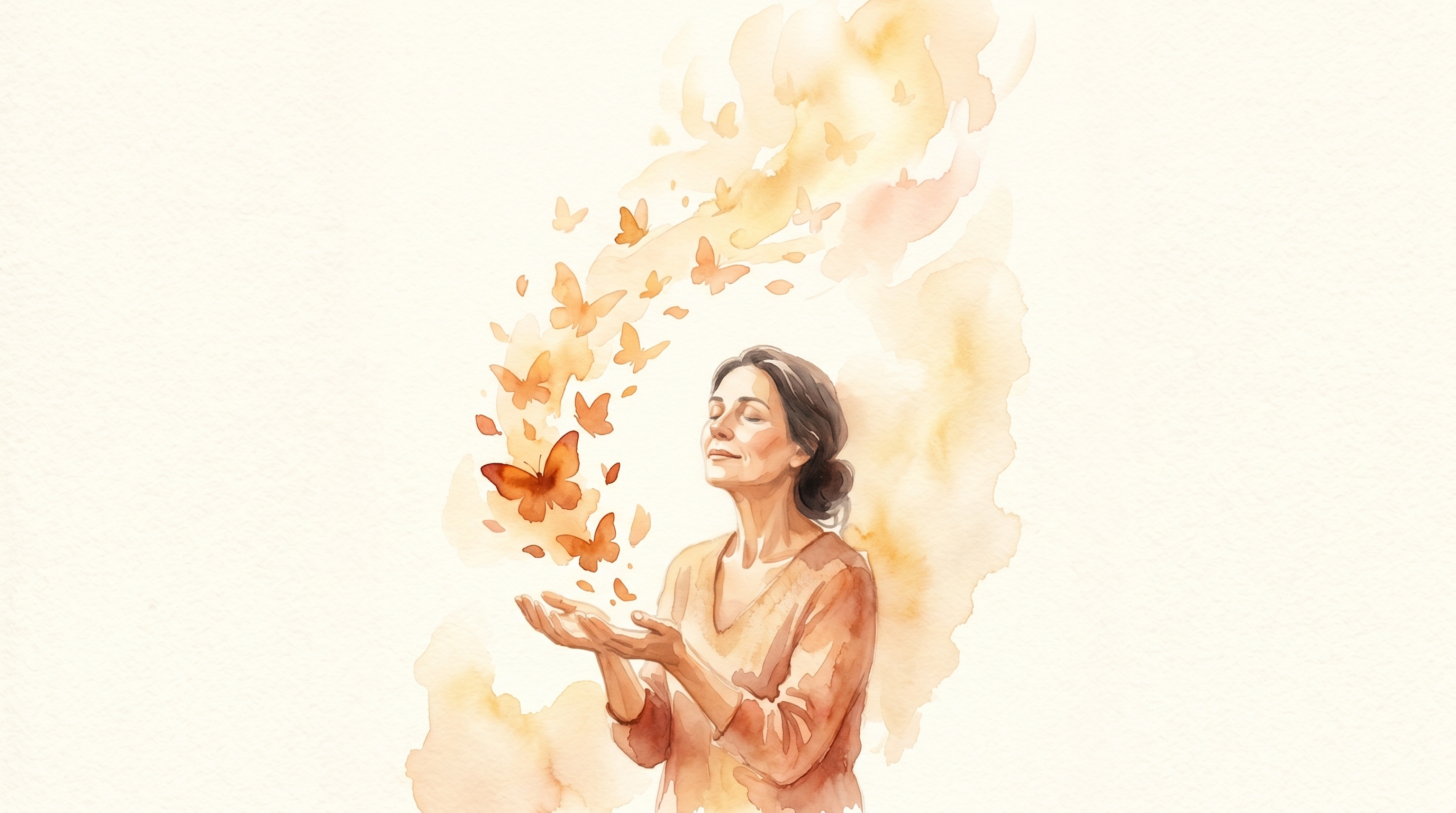 Watercolor-Illustration einer Person die symbolisch loslässt — offene Hände, leichter Wind