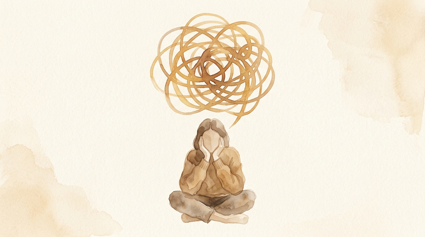 Person mit geschlossenen Augen, Gedankenwolken um den Kopf — Overthinking