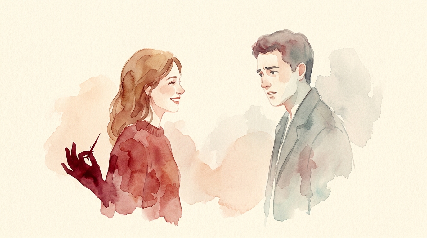 Watercolor-Illustration einer lächelnden Person mit verborgenem feindseligem Schatten