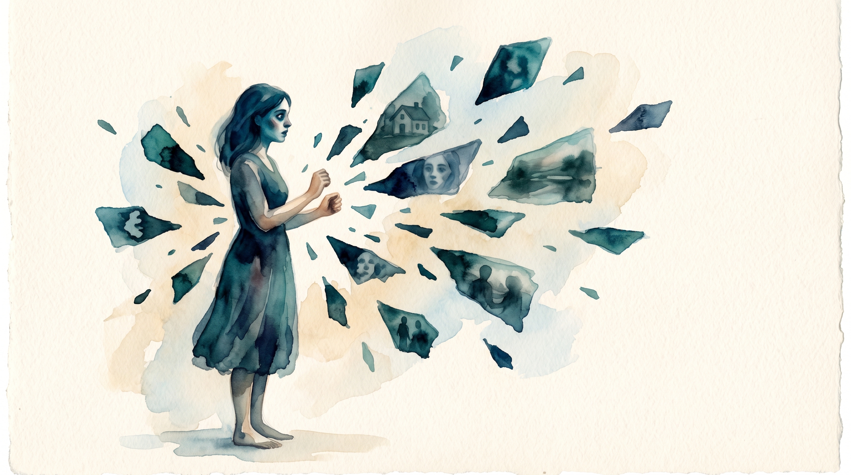 Watercolor-Illustration einer Person in ständiger Alarmbereitschaft mit fragmentierten Erinnerungen