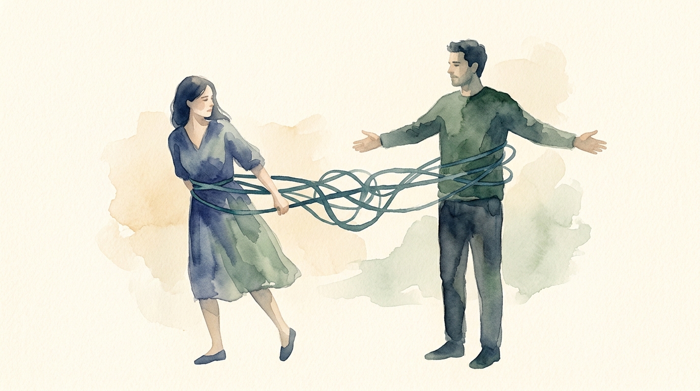 Hände verbunden durch glühende rote Fäden — Trauma-Bindung Illustration