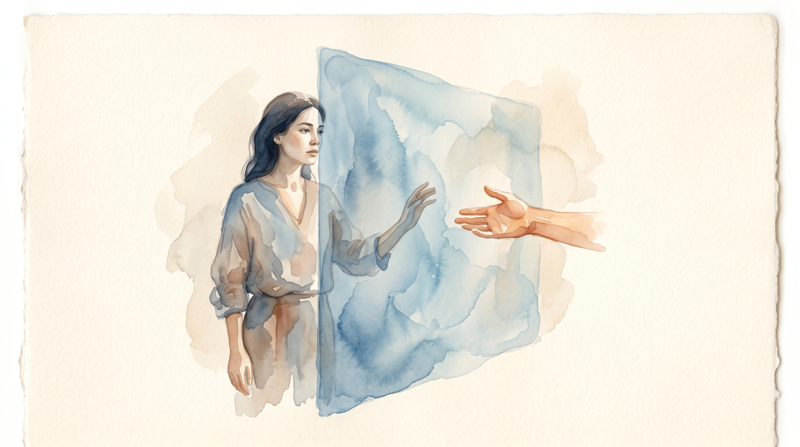 Watercolor-Illustration einer Person hinter einer unsichtbaren Mauer, die eine Hand ausstreckt